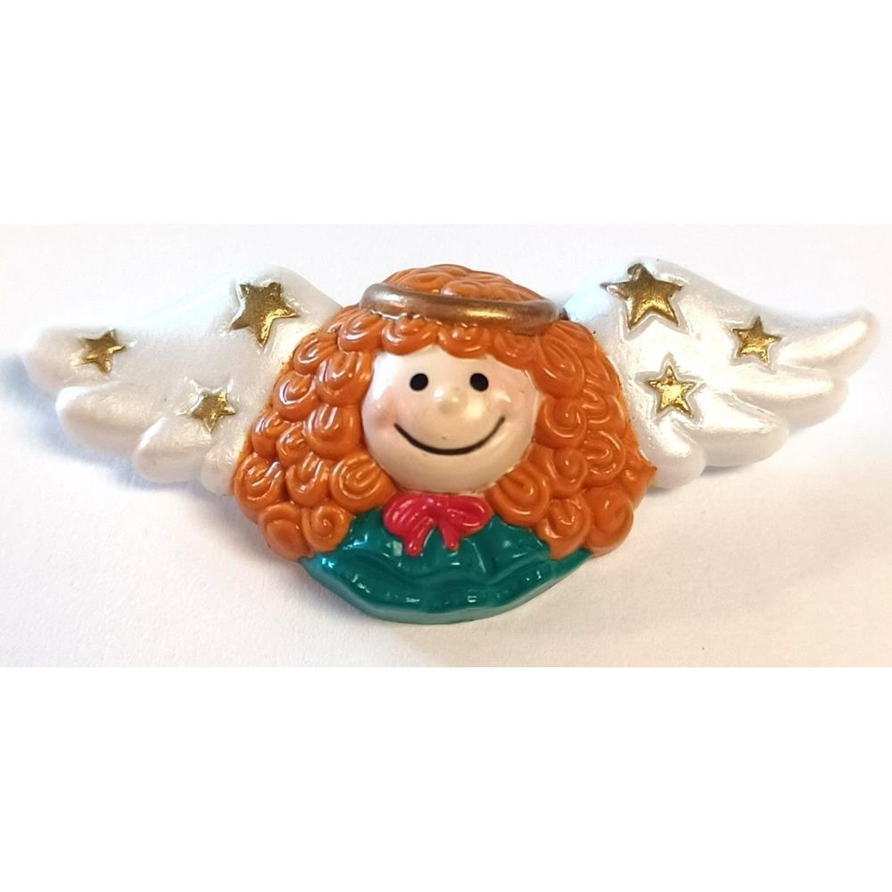 VTG Russ Berrie Plastic Angel Pin Brooch White Wings Gold Stars Red Hair Holiday
